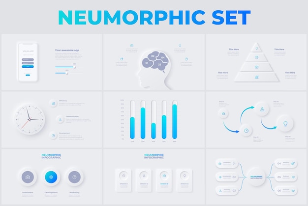Conjunto de diapositivas infográficas neumórficas ligeras Visualización de datos empresariales para la presentación