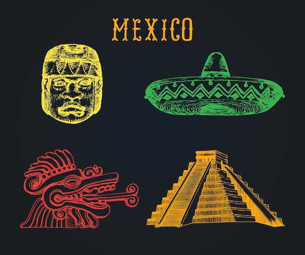 Vector conjunto dibujado de famosas atracciones mexicanas ilustraciones vectoriales de monumentos olmecas y aztecas símbolos turísticos latinoamericanos