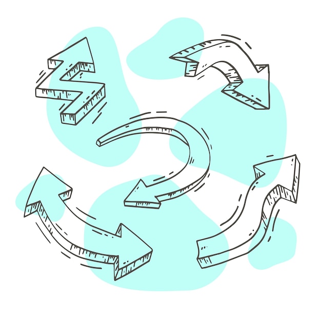 Un conjunto dibujado de flechas vectoriales con contorno y volumen sobre un fondo manchado