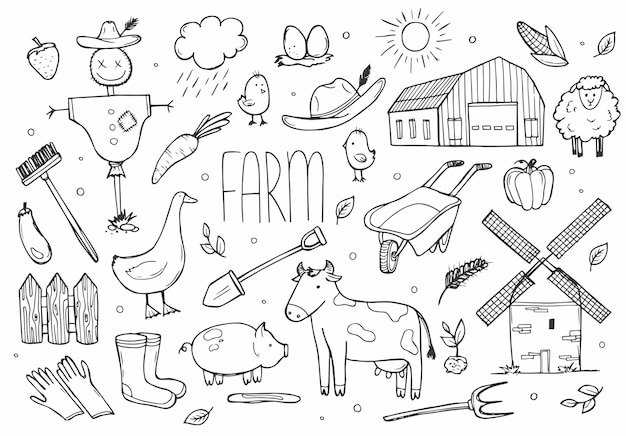 Conjunto dibujado a mano de animales de granja, caballos, flores de vacas, estilo de boceto de Doodle, antecedentes de la vida agrícola