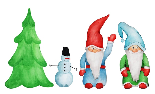 Conjunto de dibujado a mano de árbol de navidad, gnomos y muñeco de nieve aislado sobre fondo blanco. ilustración acuarela colorida decorativa.