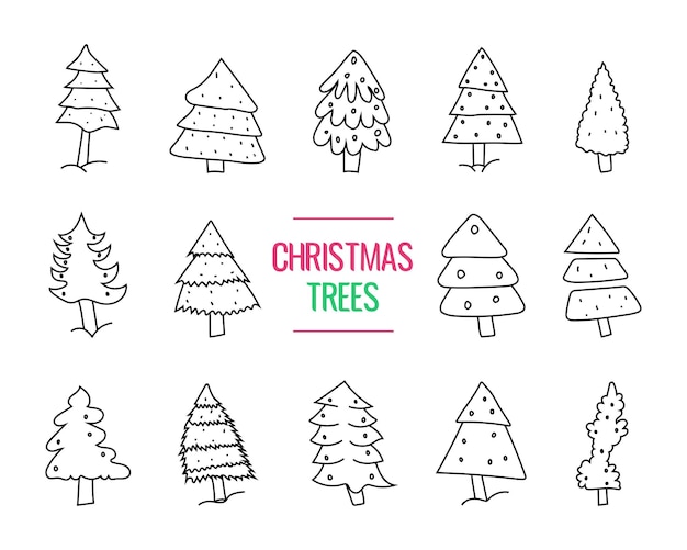 Conjunto dibujado a mano de árboles de Navidad. Dibujo de garabato de árbol de Navidad. Ilustración de arte vectorial