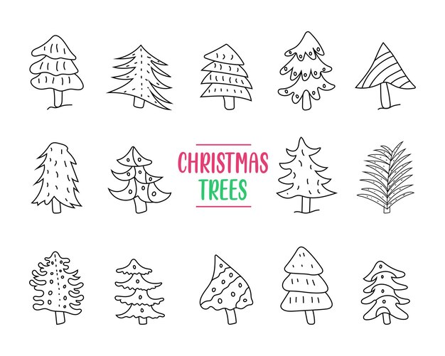 Conjunto dibujado a mano de árboles de Navidad. Dibujo de garabato de árbol de Navidad. Ilustración de arte vectorial