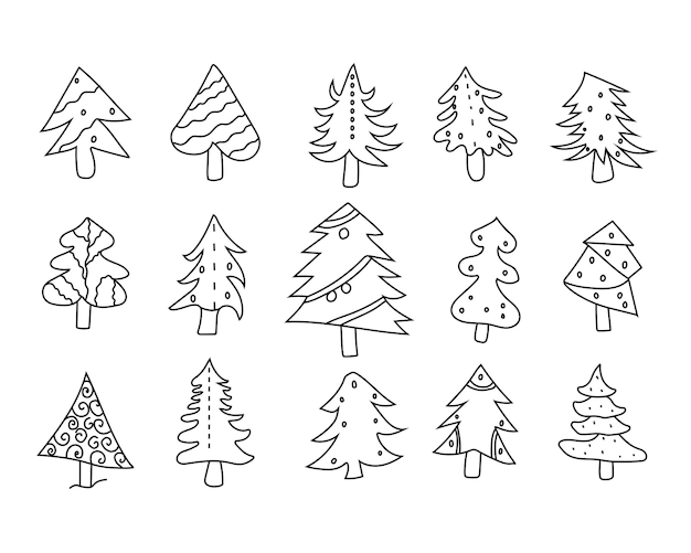 Conjunto dibujado a mano de árboles de Navidad. Dibujo de garabato de árbol de Navidad. Ilustración de arte vectorial