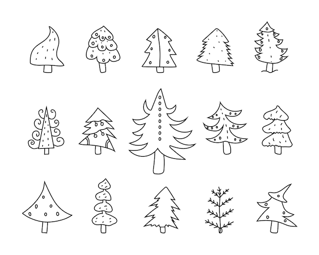 Conjunto dibujado a mano de árboles de Navidad. Dibujo de garabato de árbol de Navidad. Ilustración de arte vectorial