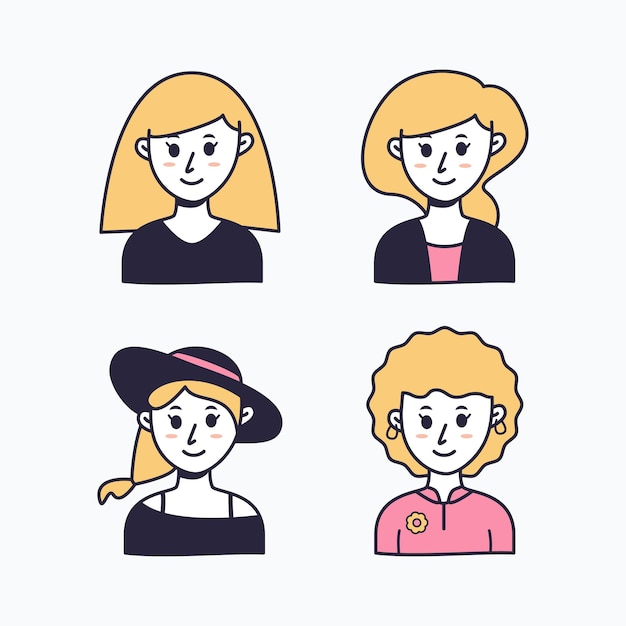 Conjunto dibujado a mano de avatares de personas cabezas de personas de diferentes etnias y edades en estilo plano Colección Avatar de Mujeres