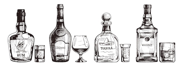 Conjunto de dibujado a mano de bebidas alcohólicas fuertes. Botella de ron, coñac, tequila, whisky escocés. Ilustración, dibujo a tinta.