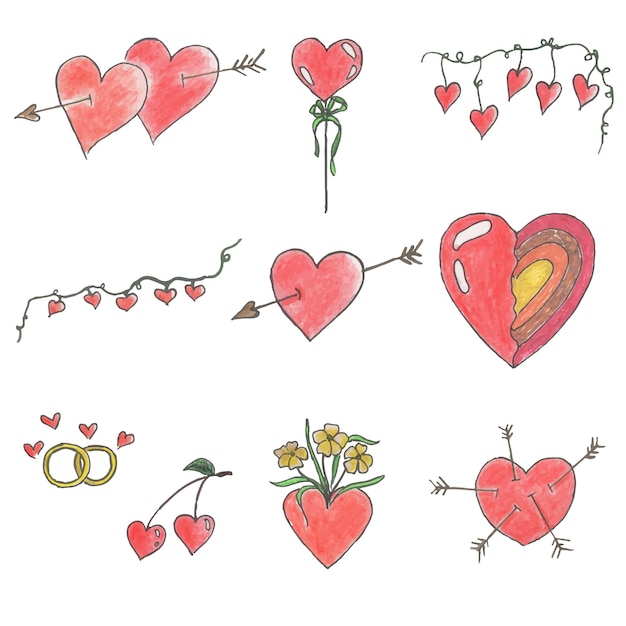 Conjunto dibujado a mano de bonitos dibujos ilustrados de elementos de amor de San Valentín Liner y acuarela