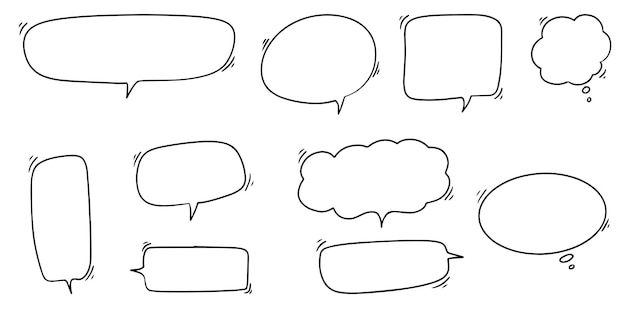Conjunto dibujado a mano de burbujas de discurso aislado Elemento de conjunto de garabatos Ilustración vectorial
