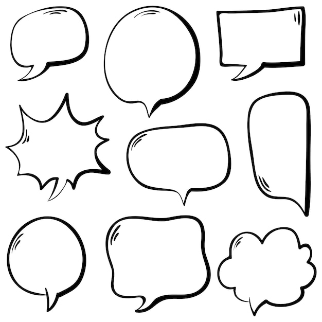 Conjunto dibujado a mano de burbujas de discurso aislado Elemento de conjunto de garabatos Ilustración vectorial
