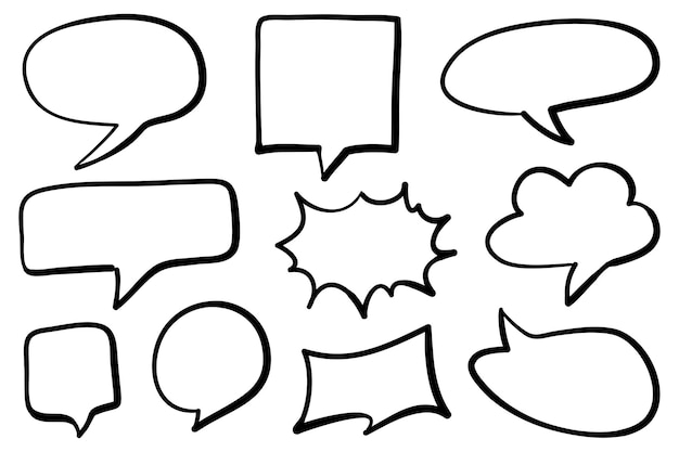Conjunto dibujado a mano de burbujas de discurso aislado Elemento de conjunto de garabatos Ilustración vectorial