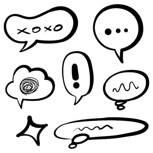 Conjunto dibujado a mano de burbujas de discurso aislado Elemento de conjunto de garabatos Ilustración vectorial