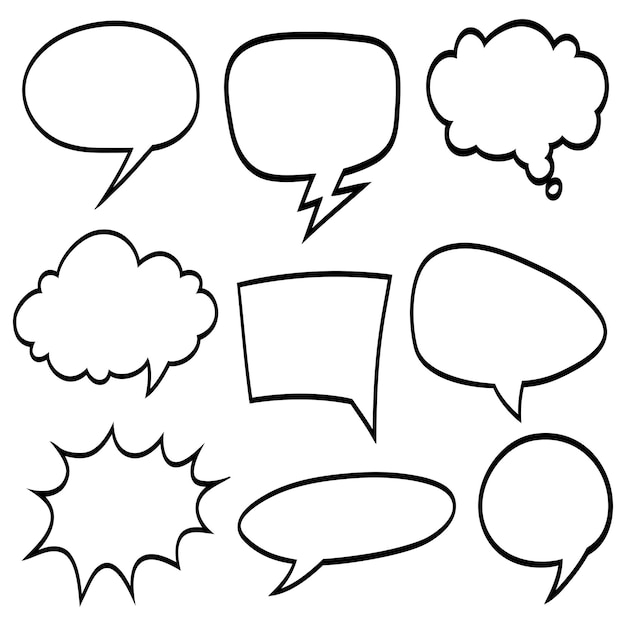 Conjunto dibujado a mano de burbujas de habla aisladas Elemento del conjunto de Doodle Ilustración vectorial