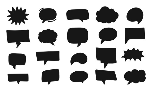 Conjunto dibujado a mano de burbujas de habla Comunicación hablando dibujos animados en blanco