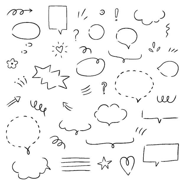 Conjunto dibujado a mano burbujas de voz nubes y elementos de garabatos Ilustración de vector simple aislada