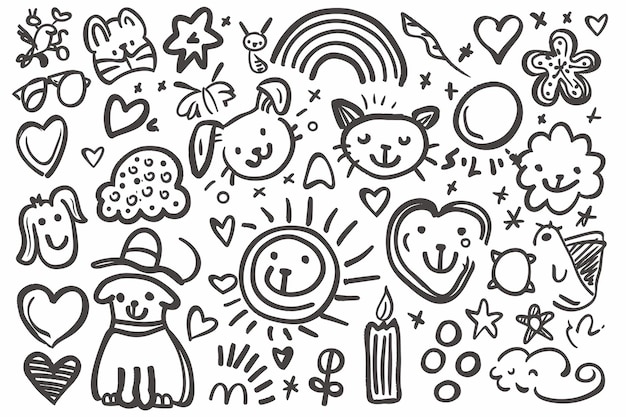Conjunto dibujado a mano de caras emoji de colores con diferentes emociones corazón y lápiz
