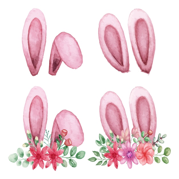 Conjunto dibujado a mano de conejito de orejas de pascua con flores