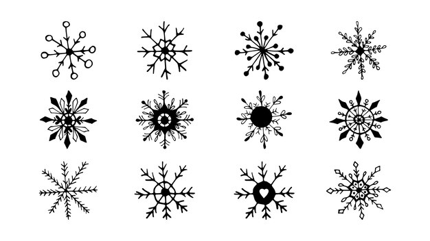 Conjunto dibujado a mano de copos de nieve Ilustración vectorial de Doodle Elemento de invierno para diseño estacional