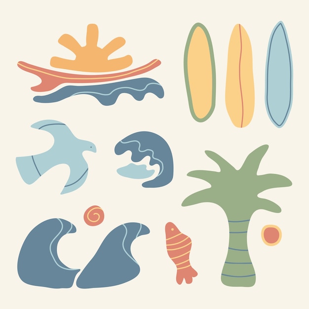 Conjunto dibujado a mano de cosas de playa Ilustración vectorial Atardecer en la playa Ambiente de playa Surf