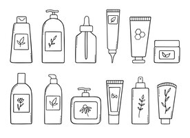 Vector conjunto dibujado a mano de cosméticos orgánicos garabato botellas cosméticas en estilo boceto ilustración vectorial aislado sobre fondo blanco