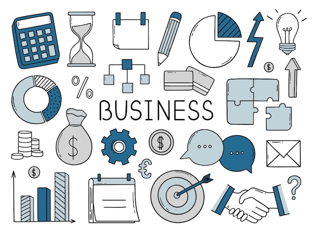 Vector conjunto dibujado a mano de diagramas de garabatos de negocios y finanzas calculadora de apretón de manos de calendario de dinero en estilo boceto