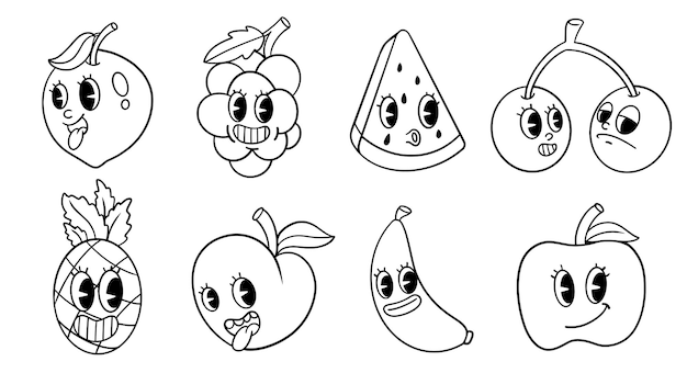 Conjunto dibujado a mano de dibujos de Retro Fruits Ilustración vectorial aislada sobre fondo blanco