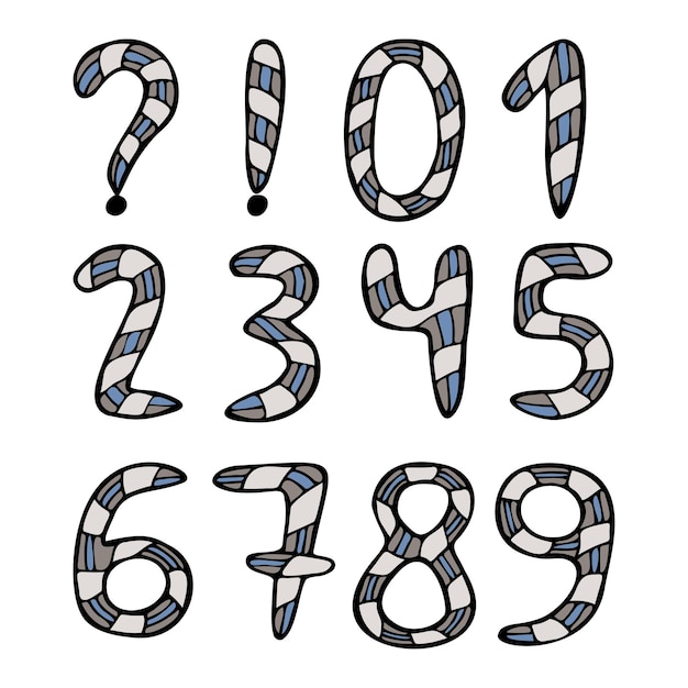 Conjunto dibujado a mano con diez números y símbolos creativos sobre un fondo blanco aislado