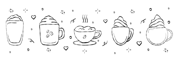 Conjunto dibujado a mano de diferentes tipos de bebidas de café Doodle ilustraciones vectoriales aisladas en bac blanco