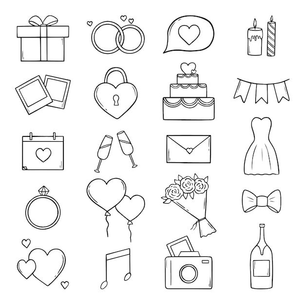 Vector conjunto dibujado a mano de doodle de boda