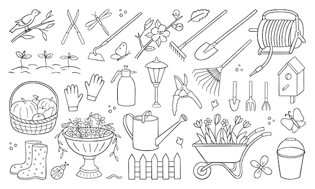 Conjunto dibujado a mano de doodle de jardinería Herramientas de jardín equipos de agricultura en estilo boceto