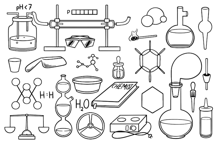 Conjunto dibujado a mano de doodle de material de equipo químico aislado sobre fondo blanco