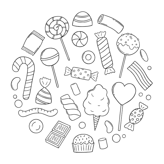 Conjunto dibujado a mano de dulces y caramelos doodle Ilustración vectorial aislado sobre fondo blanco