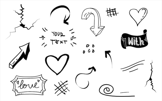 conjunto dibujado a mano de elementos abstractos de dibujos cómicos con corazón remolino swoosh ampersand grieta flecha texto énfasis aislado en fondo blanco ilustración vectorial