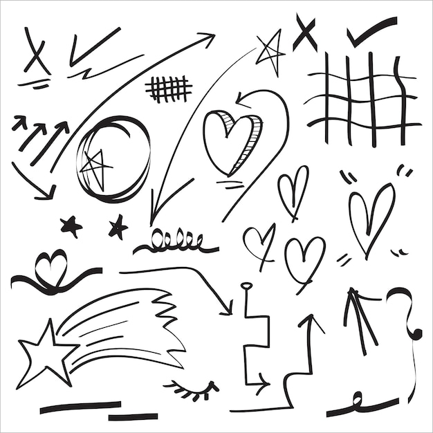 conjunto dibujado a mano de elementos abstractos de dibujos cómicos utilizados para el diseño conceptual aislado en ilustración vectorial de fondo blanco