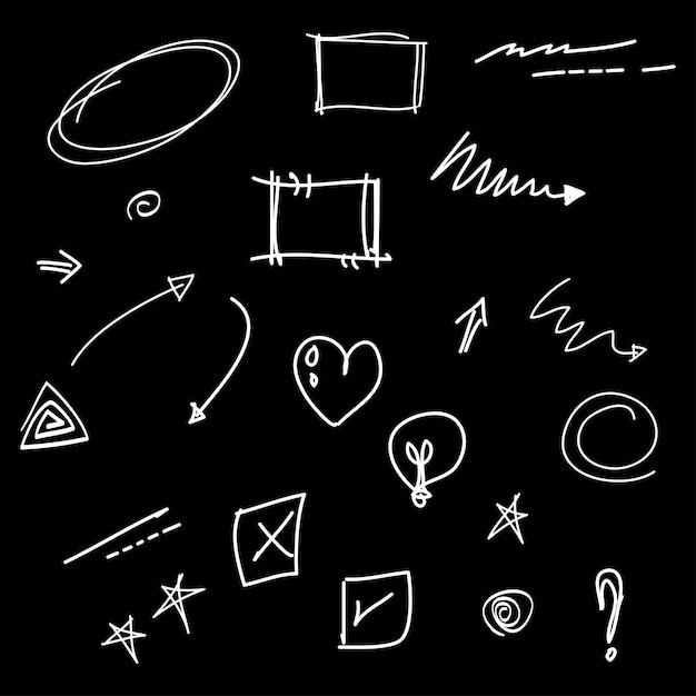 conjunto dibujado a mano de elementos abstractos de garabateo uso para diseño conceptual aislado en ilustración vectorial de fondo negro