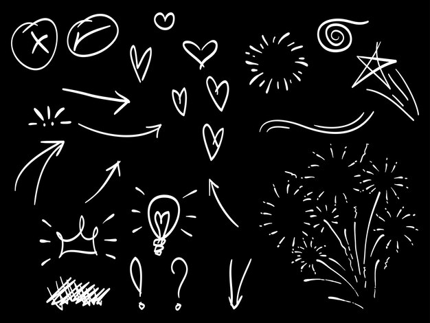 conjunto dibujado a mano de elementos abstractos de garabateo uso para diseño conceptual aislado en ilustración vectorial de fondo negro
