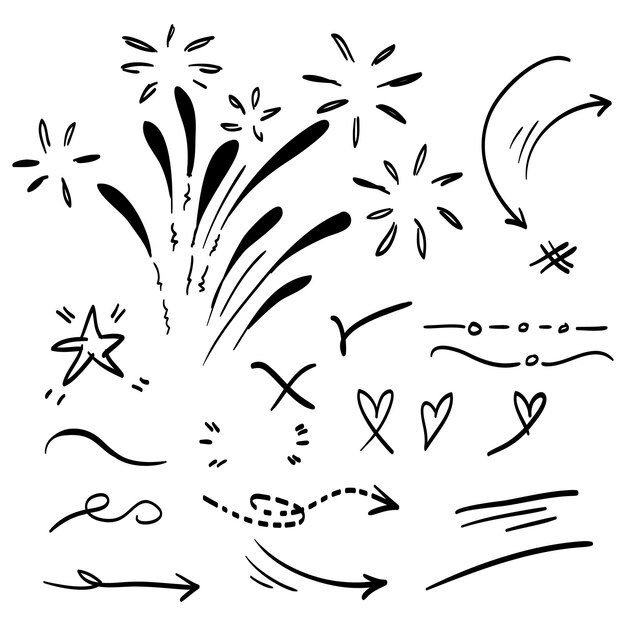 conjunto dibujado a mano de elementos abstractos de garabateo uso para diseño conceptual aislado en ilustración vectorial de fondo negro