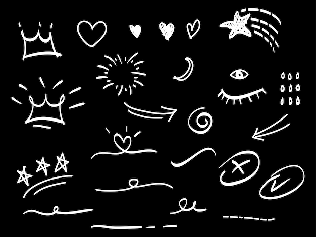 conjunto dibujado a mano de elementos abstractos de garabateo uso para diseño conceptual aislado en ilustración vectorial de fondo negro