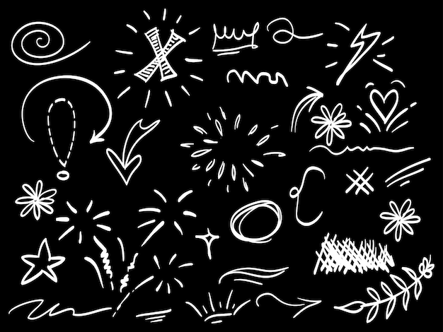 conjunto dibujado a mano de elementos abstractos de garabateo uso para diseño conceptual aislado en ilustración vectorial de fondo negro