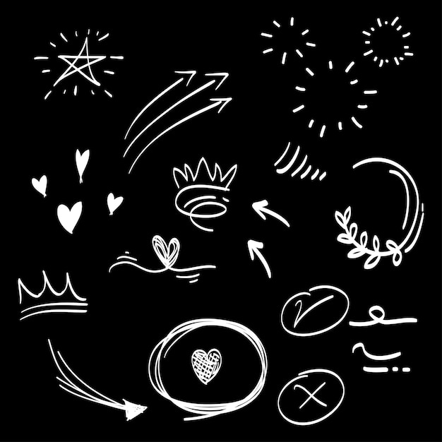 conjunto dibujado a mano de elementos abstractos de garabateo uso para diseño conceptual aislado en ilustración vectorial de fondo negro