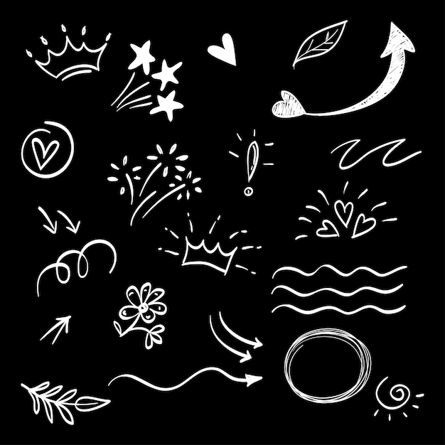 conjunto dibujado a mano de elementos abstractos de garabateo uso para diseño conceptual aislado en ilustración vectorial de fondo negro
