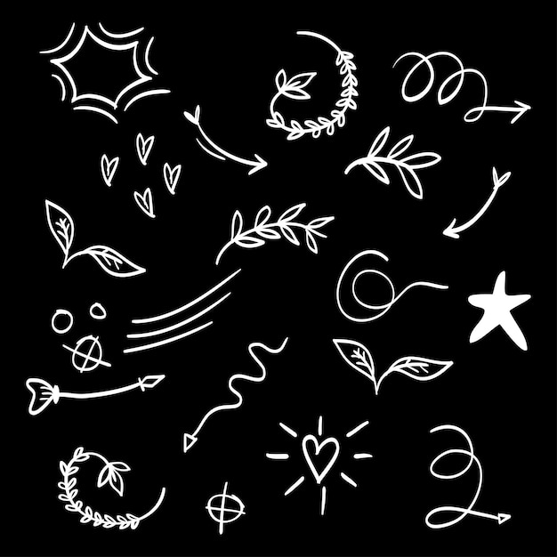 conjunto dibujado a mano de elementos abstractos de garabateo uso para diseño conceptual aislado en ilustración vectorial de fondo negro