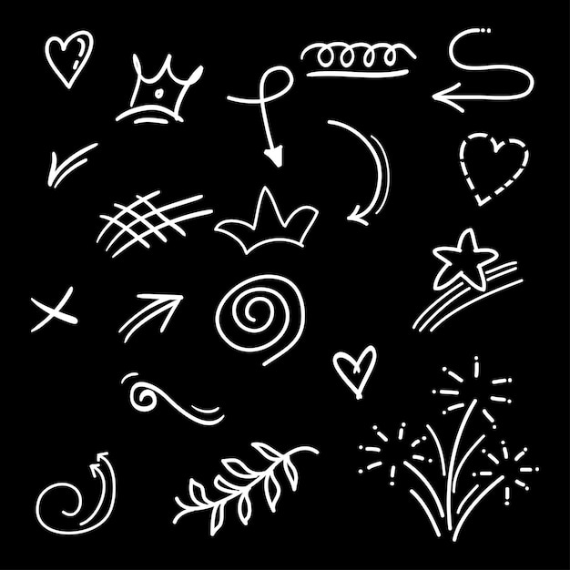 conjunto dibujado a mano de elementos abstractos de garabateo uso para diseño conceptual aislado en ilustración vectorial de fondo negro