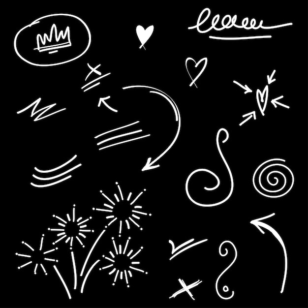 conjunto dibujado a mano de elementos abstractos de garabateo uso para diseño conceptual aislado en ilustración vectorial de fondo negro