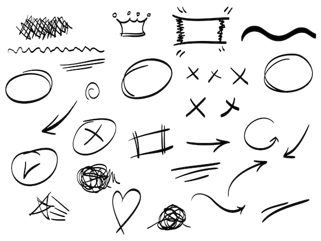 conjunto dibujado a mano de elementos abstractos de garabato utilizados para el diseño conceptual aislado en la ilustración de vector de fondo blanco