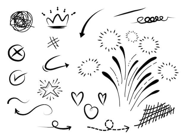 conjunto dibujado a mano de elementos abstractos de garabato utilizados para el diseño conceptual aislado en la ilustración de vector de fondo blanco