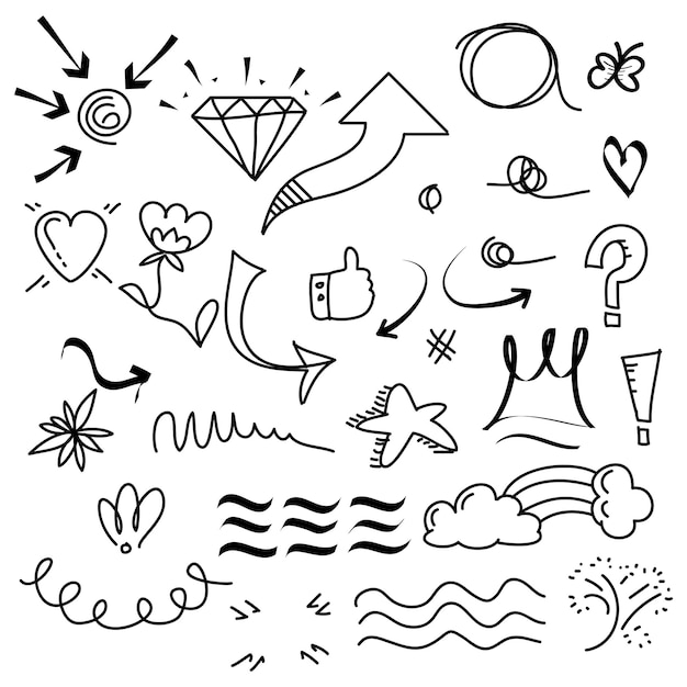 conjunto dibujado a mano de elementos abstractos de garabato utilizados para el diseño conceptual aislado en la ilustración de vector de fondo blanco