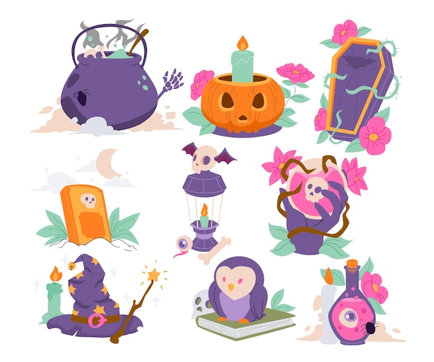 Conjunto dibujado a mano de elementos de carácter de objetos de halloween, conjunto de paquetes de colecciones de ilustraciones vectoriales