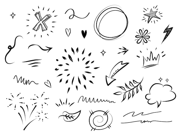 conjunto dibujado a mano de elementos de garabateo abstractos utilizado para el diseño conceptual aislado en ilustración vectorial de fondo blanco.