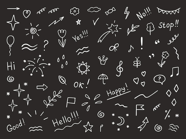 Conjunto dibujado a mano de elementos de garabatos abstractos Ilustraciones decorativas en estilo boceto Flechas corazón estrellas flores corazones signos y símbolos